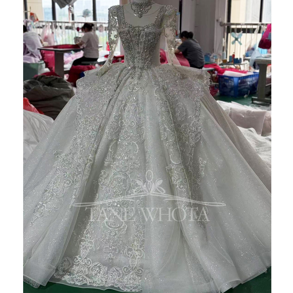 TW418 Vestido De Noiva Long Sleeve Ball Gown Lace up Trend Luxury Crystal Lace Wedding Dress for Brides