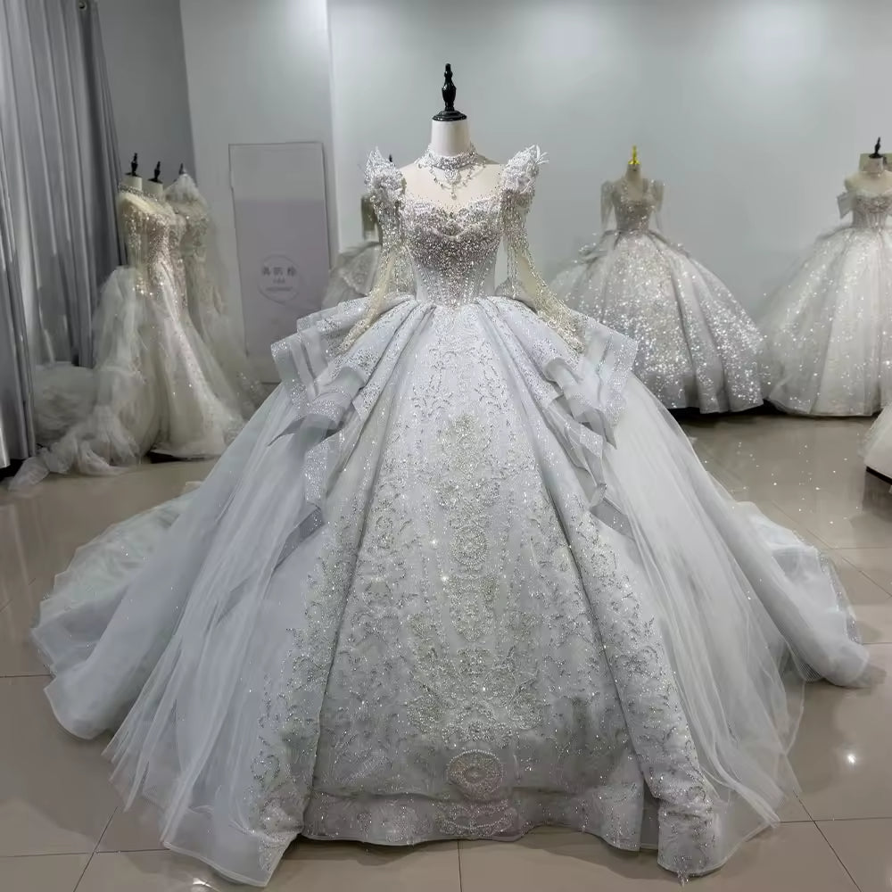 TW135 Vestido De Noiva Casamento Sweetheart Long Sleeve Wedding Dress Keyhole Back Beading Crystal Embroidery Ball Gown Bridal Dress