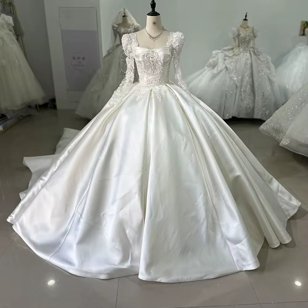 TW138 Square Collar Long Sleeve Lace Up Keyhole Back Wedding Dress Appliques Beading Satin Luxury Bridal