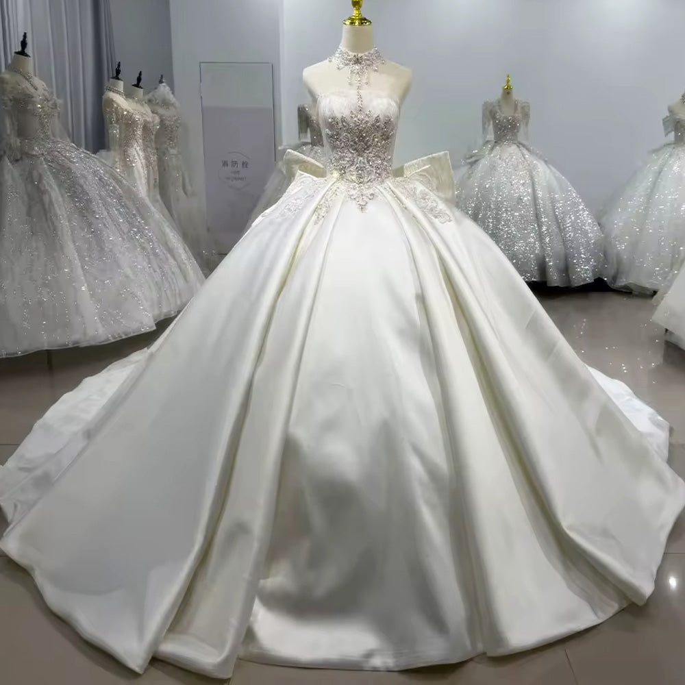 TW107 Robe De Mariage Civil Sleeveless Strapless Wedding Dress Lace Up Back Ball Gown Bow Sequined Beading Embroidery Bridal Dress
