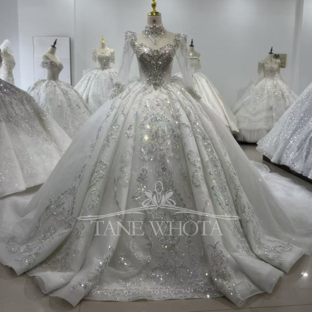 TW432 O-Neck Long Sleeve Lace-Up Back Ball Gown Bridal Dress Sequined Crystal Beading Customizable Luxury Wedding Dress