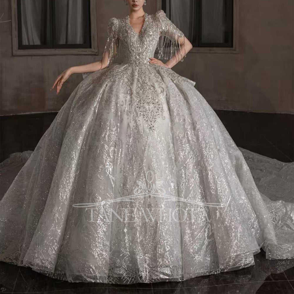 TW658 V-Neck Short Sleeve Crystal Ball Gown Wedding Dress Beaded Sequined Sexy Embroidery Customized