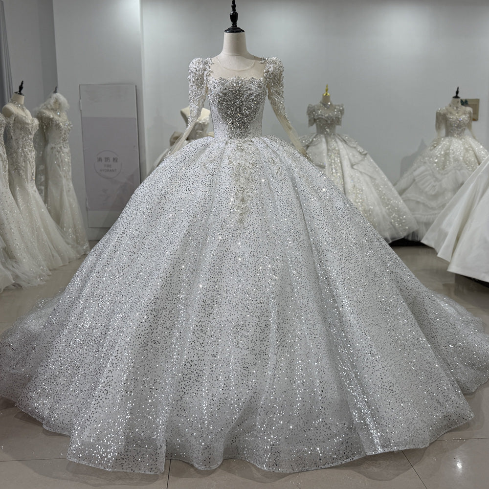 TW127 Vestidos De Noiva Casamento Long Sleeve O-Neck Keyhole Back Wedding Dress Beading Sequins Crystal Ball Gown Siver Bridal Dress
