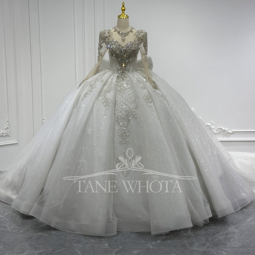 Luxury O-Neck Wedding Dress With Long Sleeves Crystal Sequined Bow Keyhole Back Lace-Up Customized Ball Gown For Women