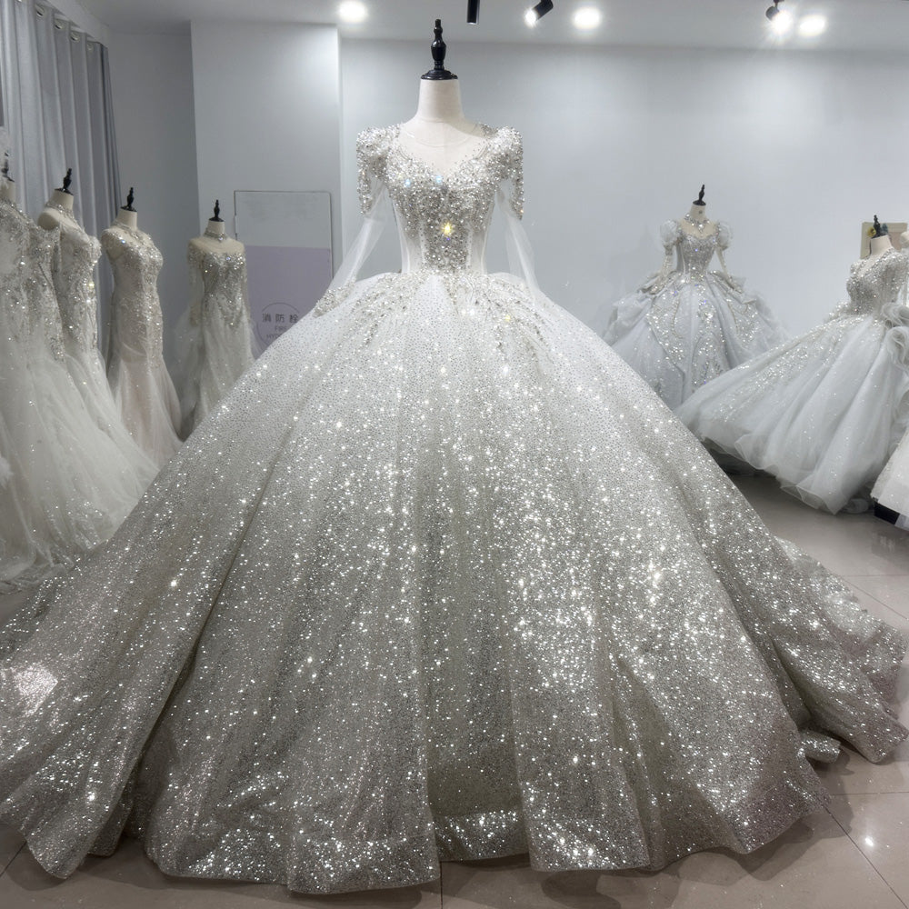 TW089 Silver Wedding Dress Luxo Long Sleeve O-Neck Lace Up Back Beading Sequins Star Crystal Ball Gown Bridal Dress
