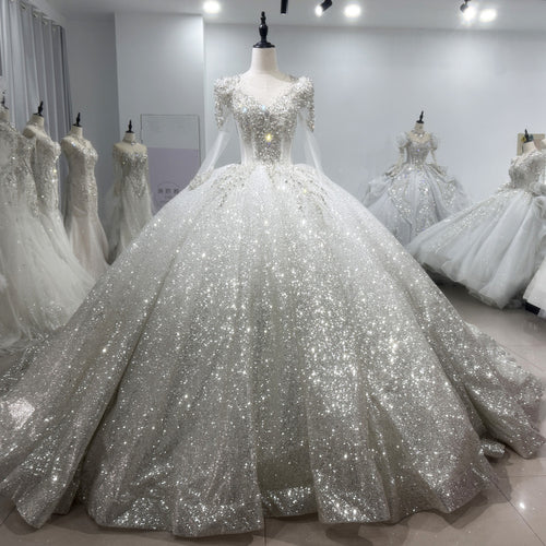 TW089 Silver Wedding Dress Luxo Long Sleeve O-Neck Lace Up Back Beading Sequins Star Crystal Ball Gown Bridal Dress