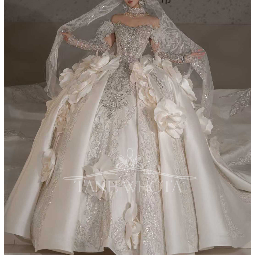 TW665 Sweetheart Off-Shoulder Beaded Sequined 3D Flower Feather Wedding Dress Customized Gown For Brides 2026