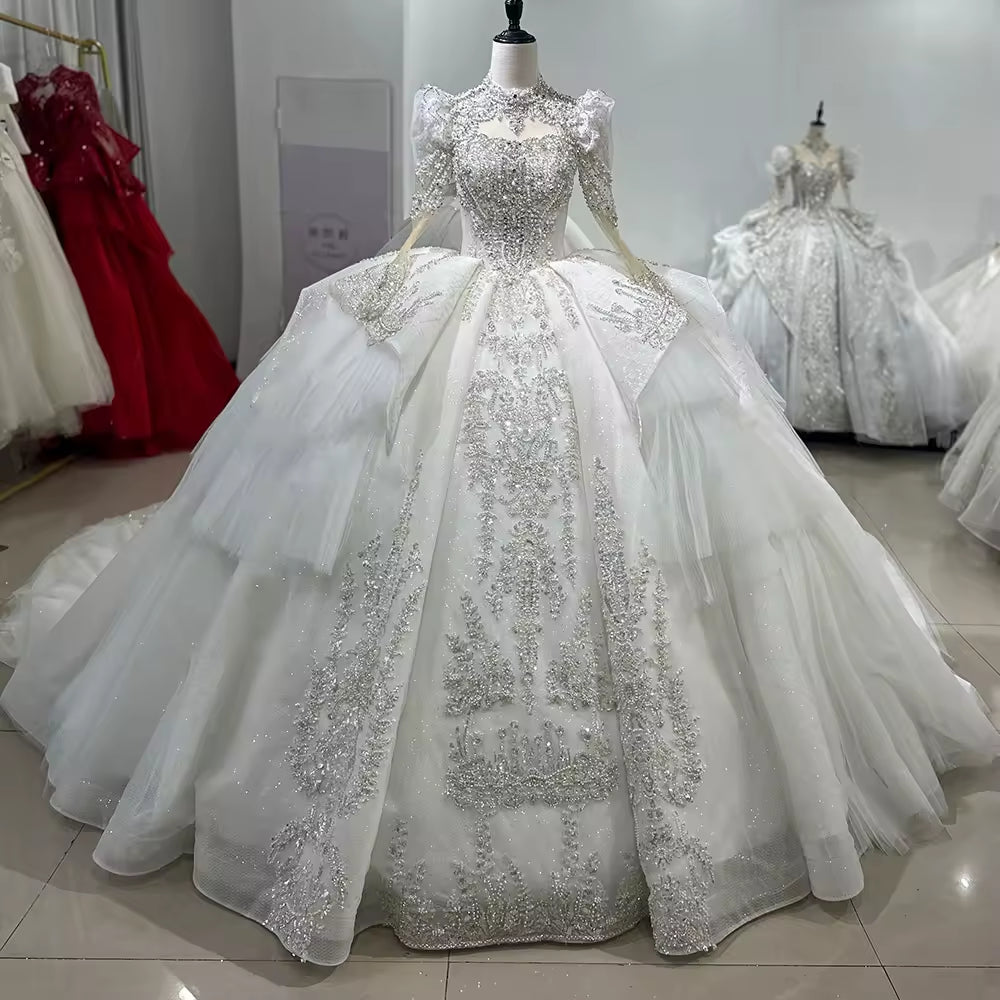 TW137 Vestido De Novia Princesa High Long Sleeve Wedding Dress Lace Up Keyhole Back Sequined Beads Ball Gown Bridal Dress