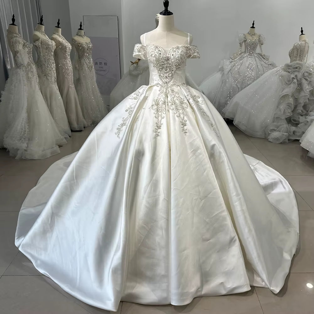 TW158 Vestido De Novia Encaje Off Shoulder Sweetheart Lace Up Back Wedding Dress Beading Embroidery Ball Gown Satin Bridal Dress