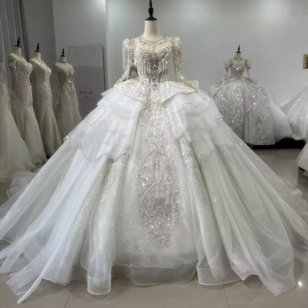 TW156 Wedding Dress Long Sleeve Sweetheart Lace Up Keyhole Back Beading Crystal Embroidery Ball Gown Customized Luxury Bridal Dress