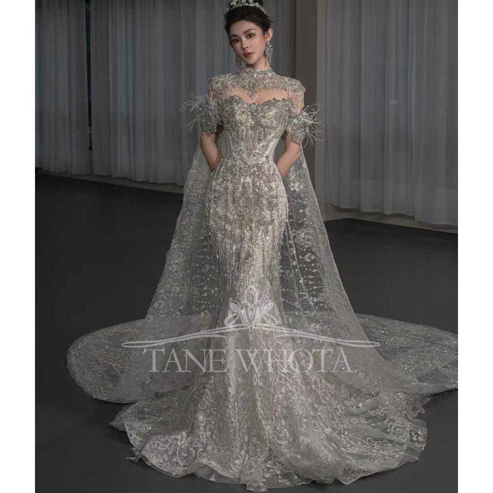 TW668 Customizable Halter Off-Shoulder Sequined Beaded Crystal Sheath Wedding Dress Luxury Bridal Gown