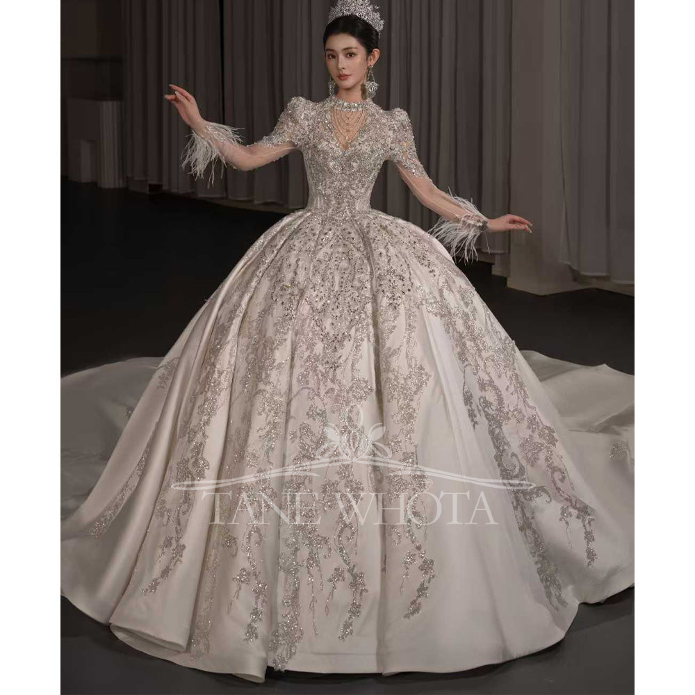 TW663 Luxury O-Neck Long Sleeve Beaded Sequined Ball Gown Wedding Dress Customized Vestido Noiva Casamento