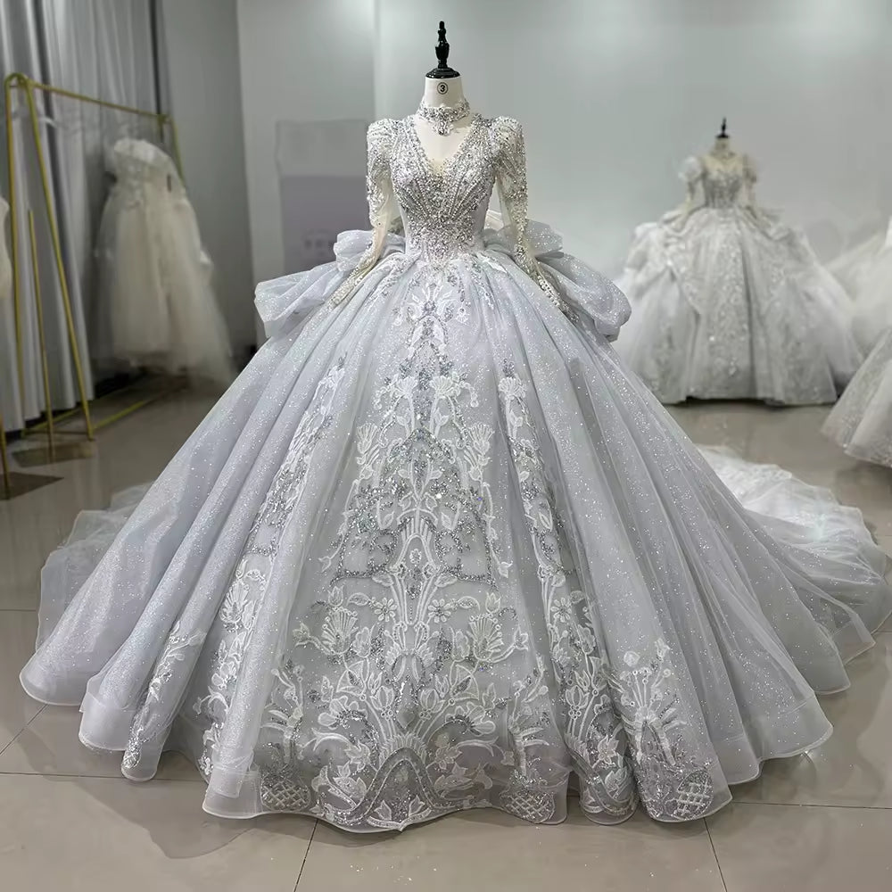 TW174 Vestido De Noiva Casamento Cívil V-Neck Long Sleeve Lace Up Keyhole Back Beading Embroidery Wedding Dress Ball Gown Bridal Dress