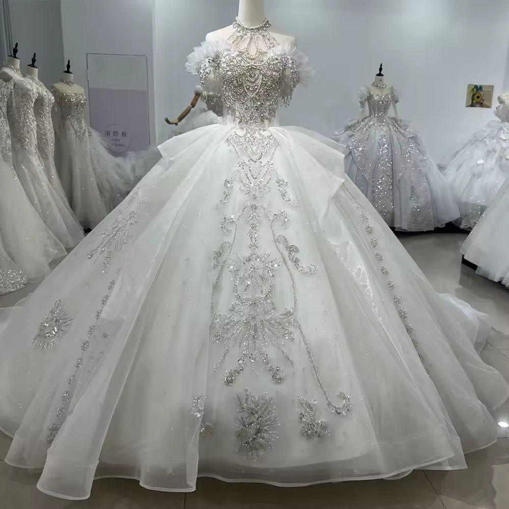 TW134 Vestido Novia 2025 Wedding Ball Gown Dress Halter Lace Up Back Beading Crystal Pearls Wedding Dress