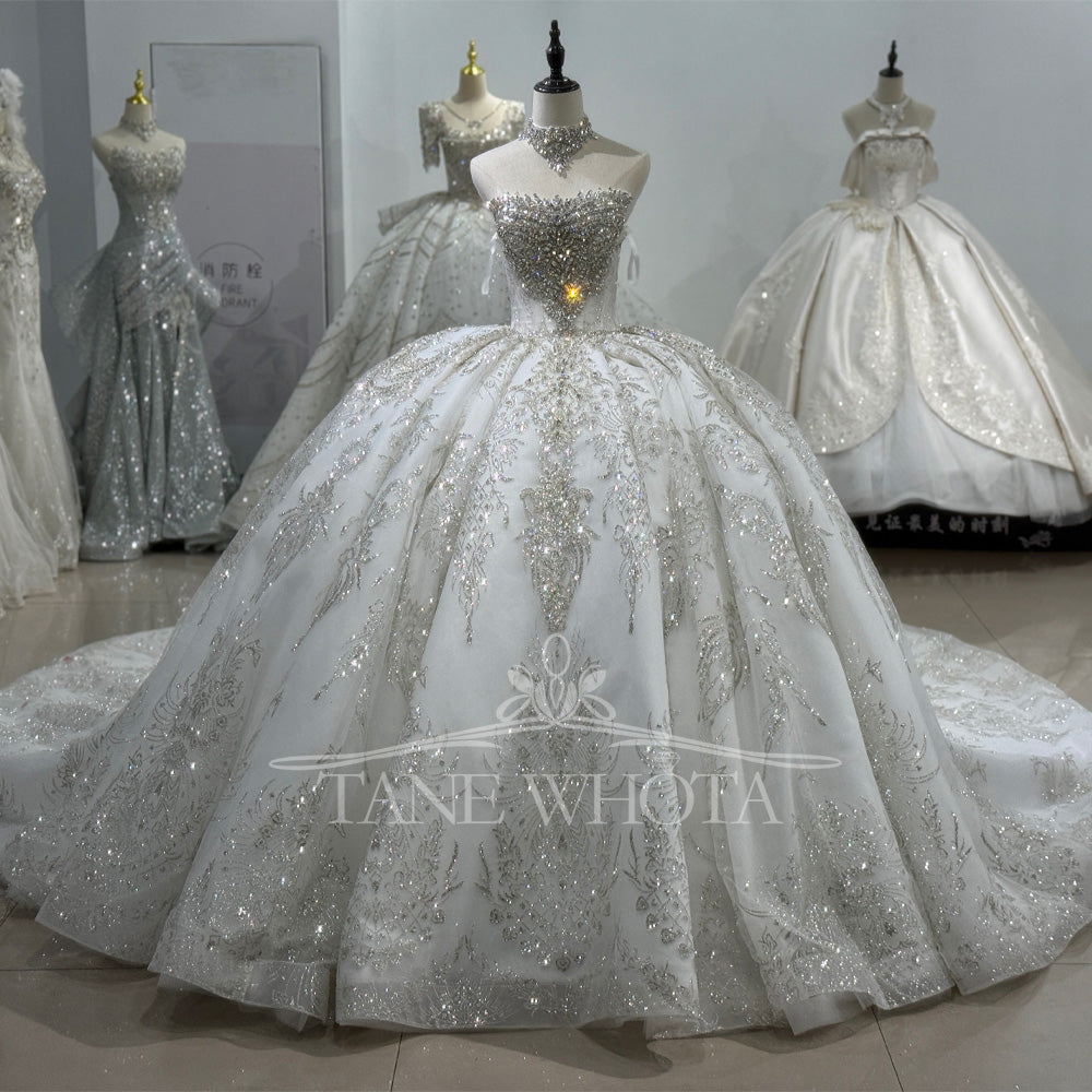 TW578 Women's Strapless Sleeveless Crystal Sequined Bridal Wedding Dress Lace-Up Back Customized Ball Gown Vestido De Noiva
