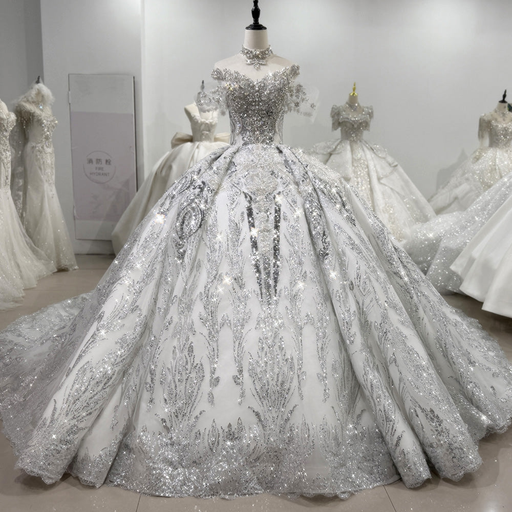 TW129 Luxury Silver Wedding Dress O-Neck Lace Up Keyhole Back Beading Crystal Embroidery Ball Gown Bridal Dress