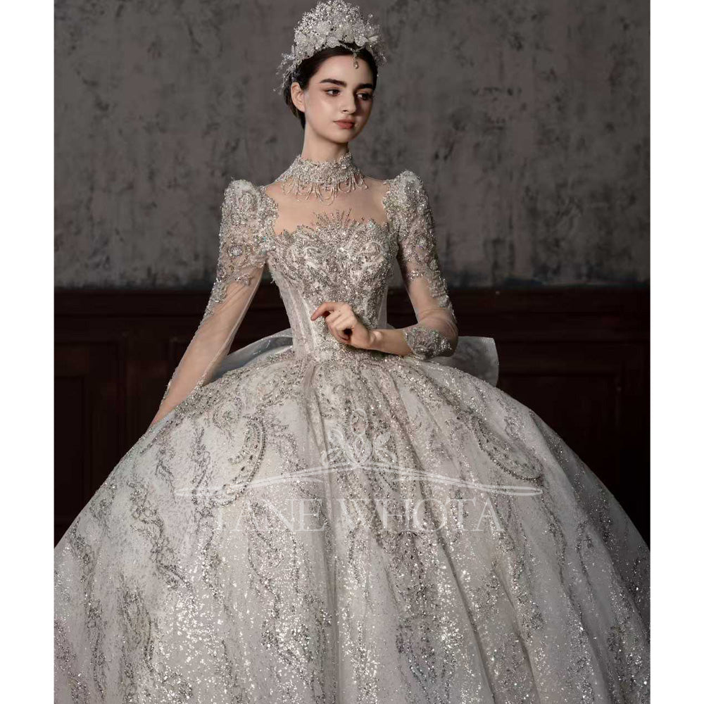 TW545 Luxury High Long Sleeve Lace Wedding Dress Beading Sequined Brides Customizable