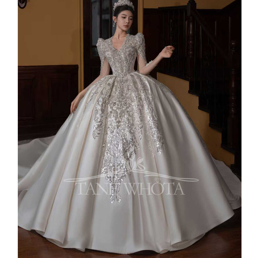 TW655 Luxury Brautkleider 2026 V-Neck Long Sleeve Beaded Sequined Ball Gown Wedding Dress Customized Ceremony Robe For Mariée