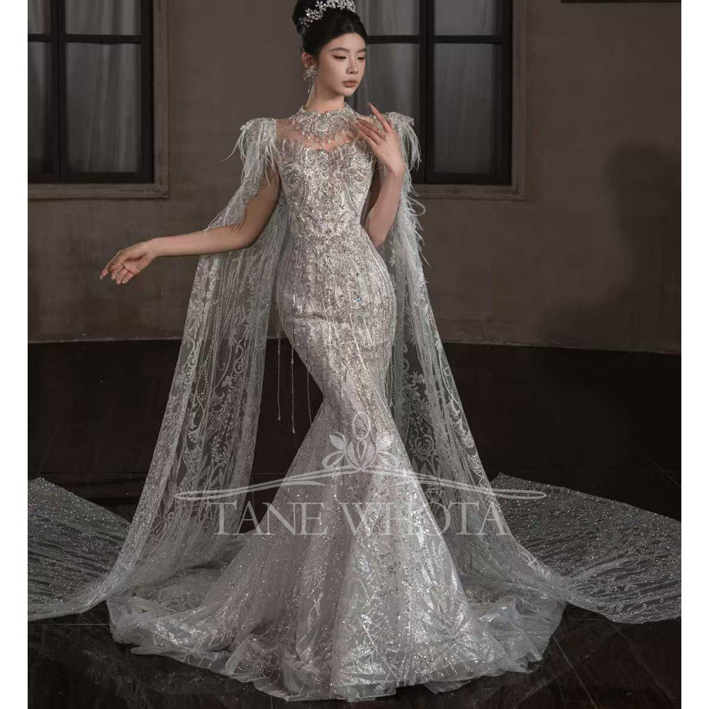 TW661 Sexy O-Neck Cap Sleeve Wedding Dress Lace-Up Keyhole Back Sequined Tassel Feathers Customized Sheath Gown For Women