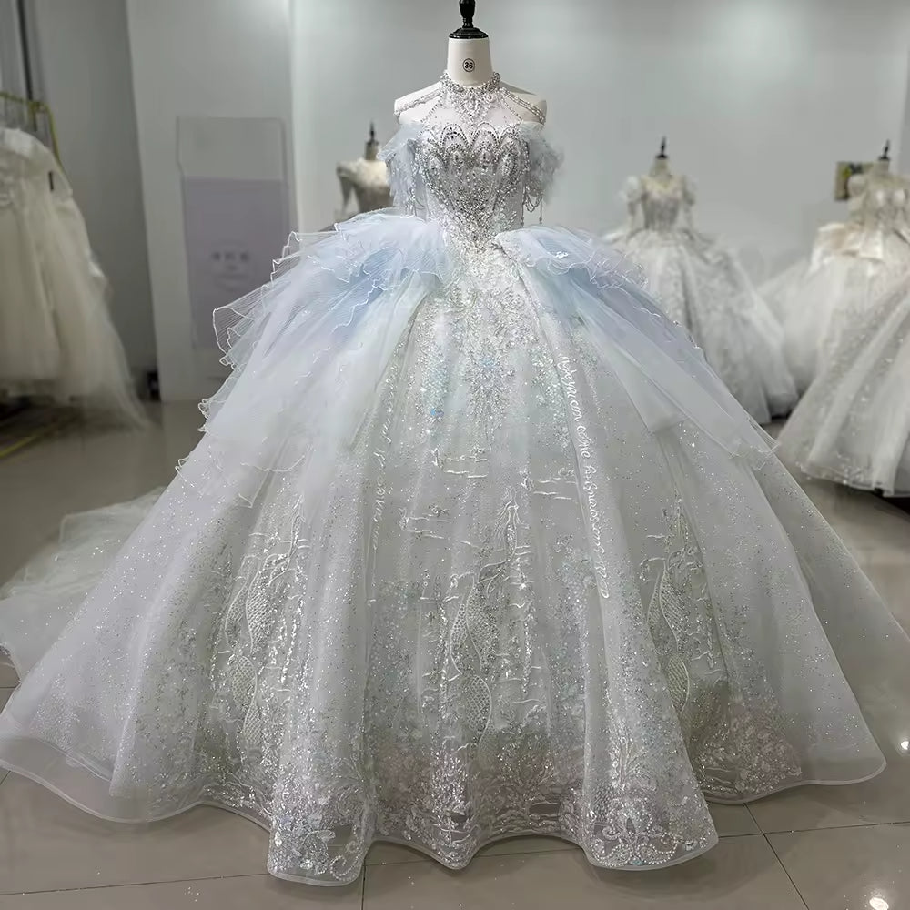 TW175 Vestido De Bodas Novia Blue Ball Gown Beading Sequined Wedding Dress Halter Off Shoulder Lace Up Back Wedding Dress