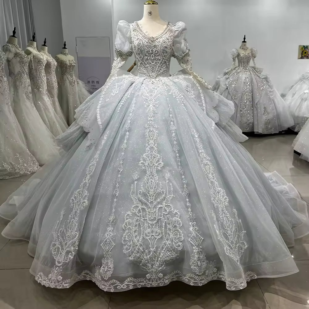 TW187 White Dress Bridal V-Neck Long Or Half Sleeve Wedding Dress Lace Up Back Beading Crystal Embroidery Ball Gown Bridal Dress