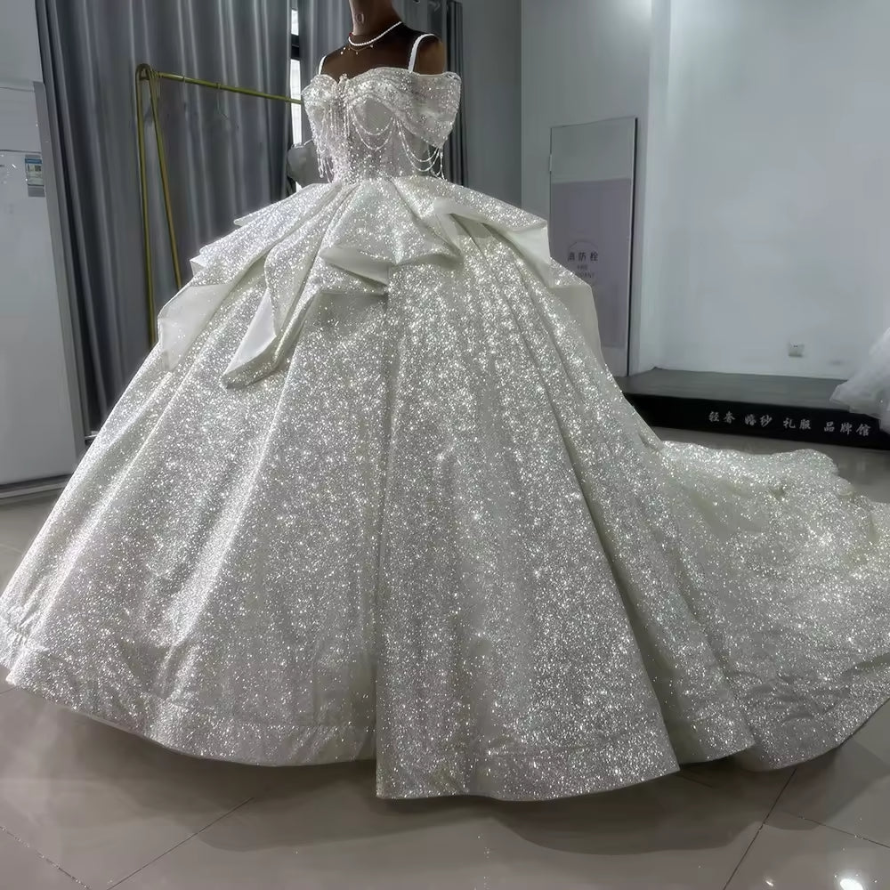 TW164 Shiny Silver Vestidos Para Boda Civil Off the Shoulder Lace Up Back Customized Wedding Dress Beading Glitter Wedding Dresses