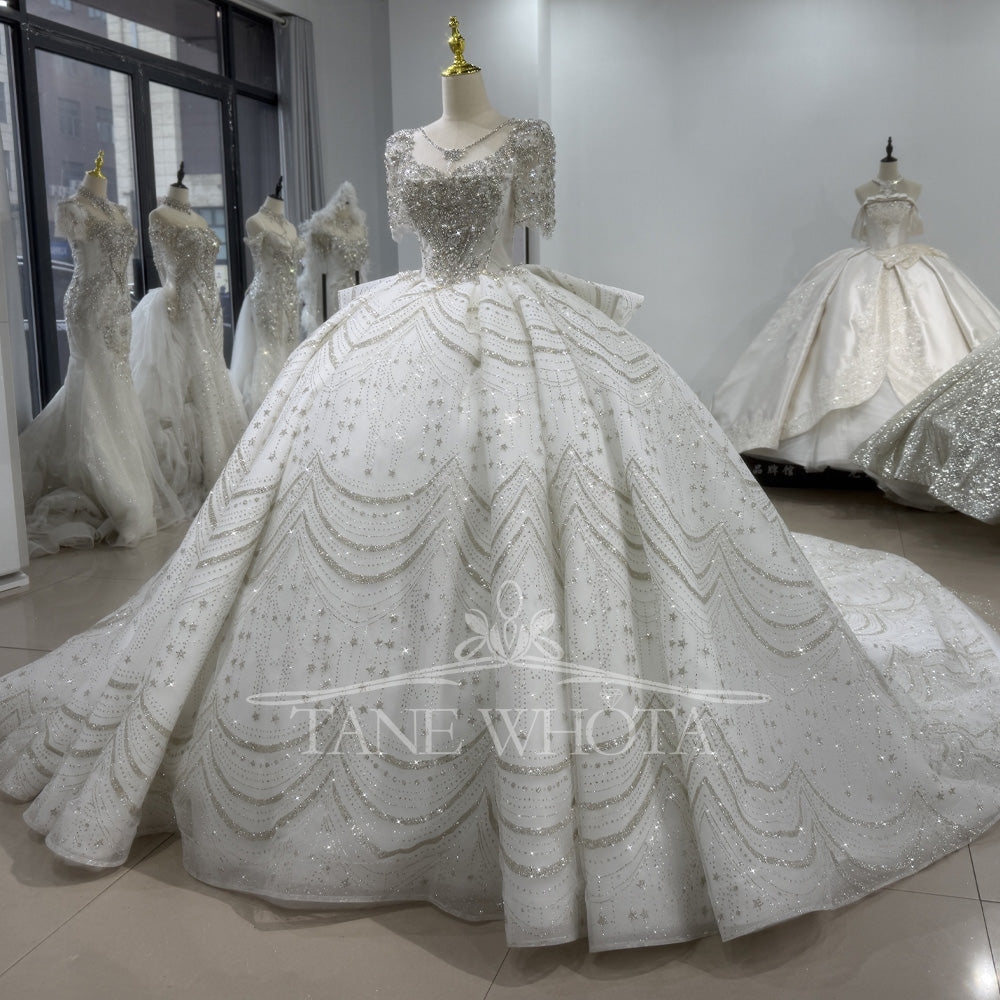 TW401 Luxury Long Wedding Dress O-Neck Half Sleeve Lace up Back Sequined Crystal Classic Bridal Customized Gown for Brides