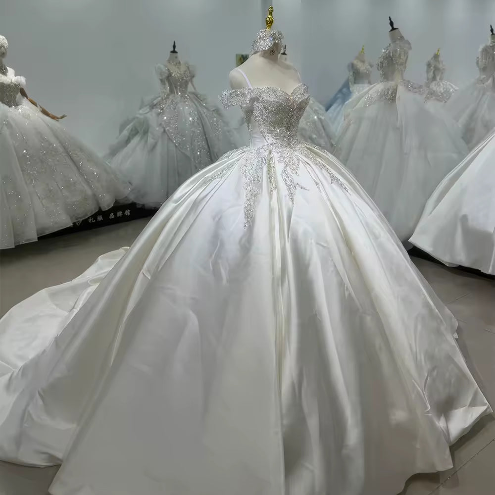 TW133 Satin Wedding Dress 2025 Off The Shoulder Lace Up Back Crystal Beading Sequined Luxury Ball Gown Bride Dress