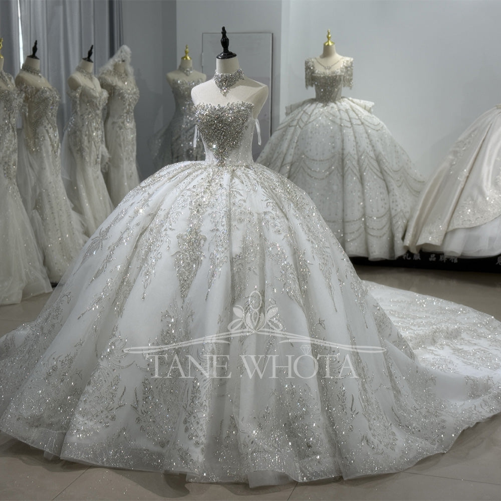 TW578 Women's Strapless Sleeveless Crystal Sequined Bridal Wedding Dress Lace-Up Back Customized Ball Gown Vestido De Noiva