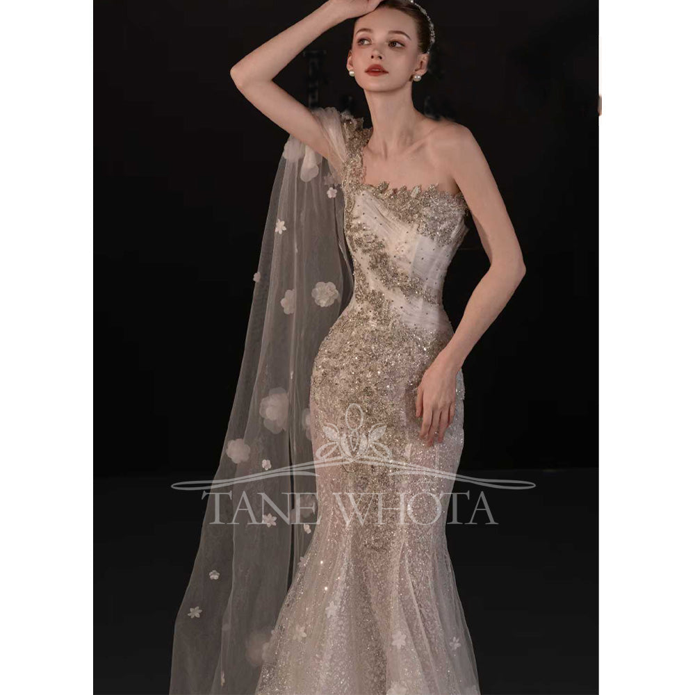 TW740 Sexy One-Shoulder Beaded Crystal Sequined Wedding Dress Customized Fit Sheath Gown For Women