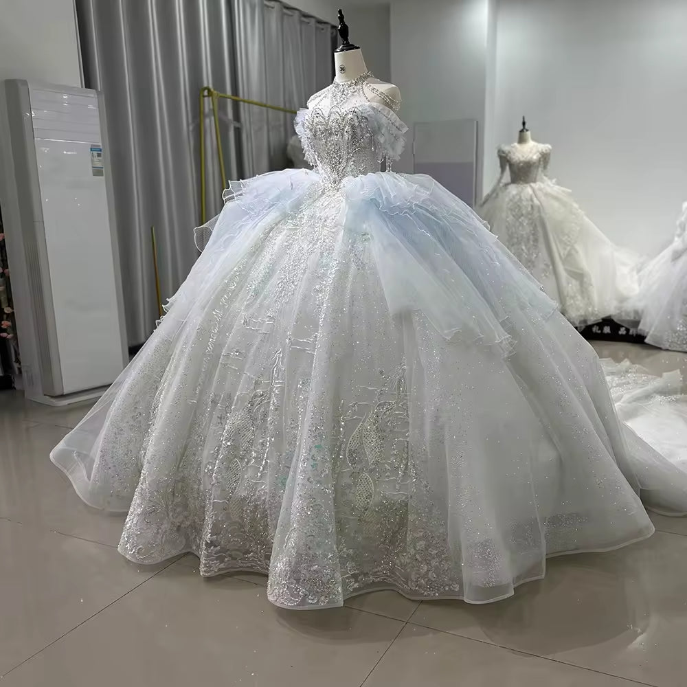 TW175 Vestido De Bodas Novia Blue Ball Gown Beading Sequined Wedding Dress Halter Off Shoulder Lace Up Back Wedding Dress