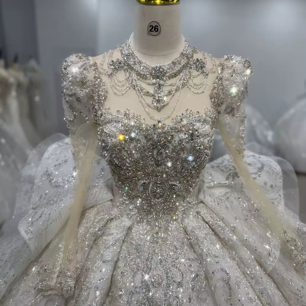 TW108 Suknia ślubna 2025 Long Sleeve High Neck Wedding Dress Lace Up Back Ball Gown Embroidery Beading Crystal Bridal Dress