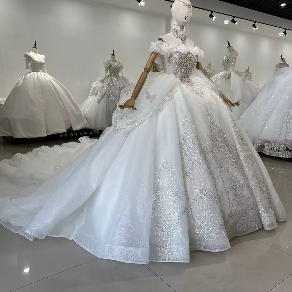 TW163 Abito Da Sposa 2025 Off Shoulder Sweetheart Lace Up Back Bow Wedding Dress Beading Sequined Star Crystal Ball Gown Bridal Dress