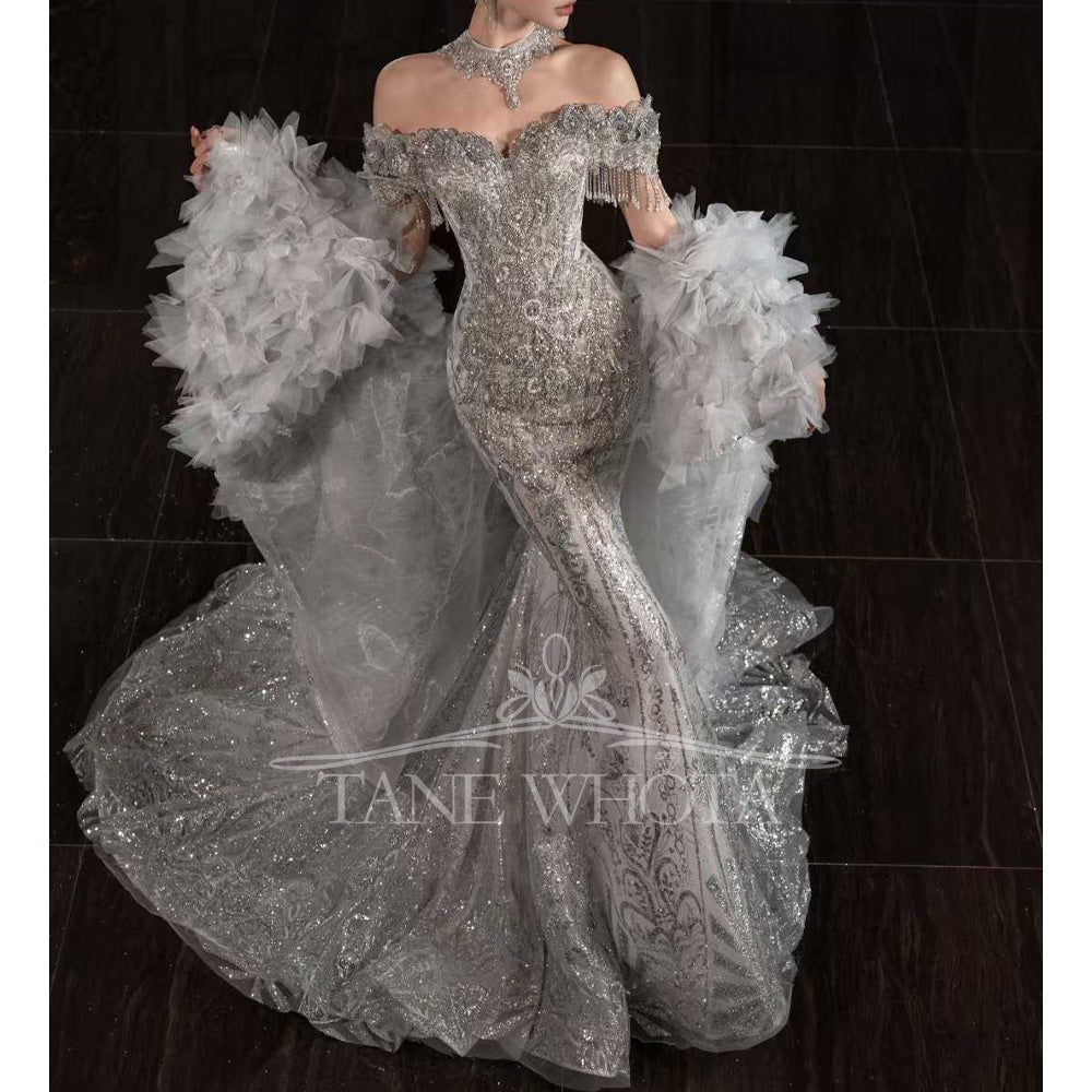 TW662 Sweetheart Off-Shoulder Embroidery Beading Sequined Crystal Sheath Wedding Dress Customized Vestido De Noiva Casamento