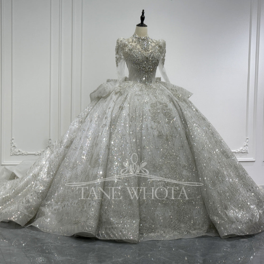 TW713 Luxury Crystal Sequined Bridal Wedding Dress With High Long Sleeves Lace-Up Keyhole Back Bow Detail Customized Ball Gown