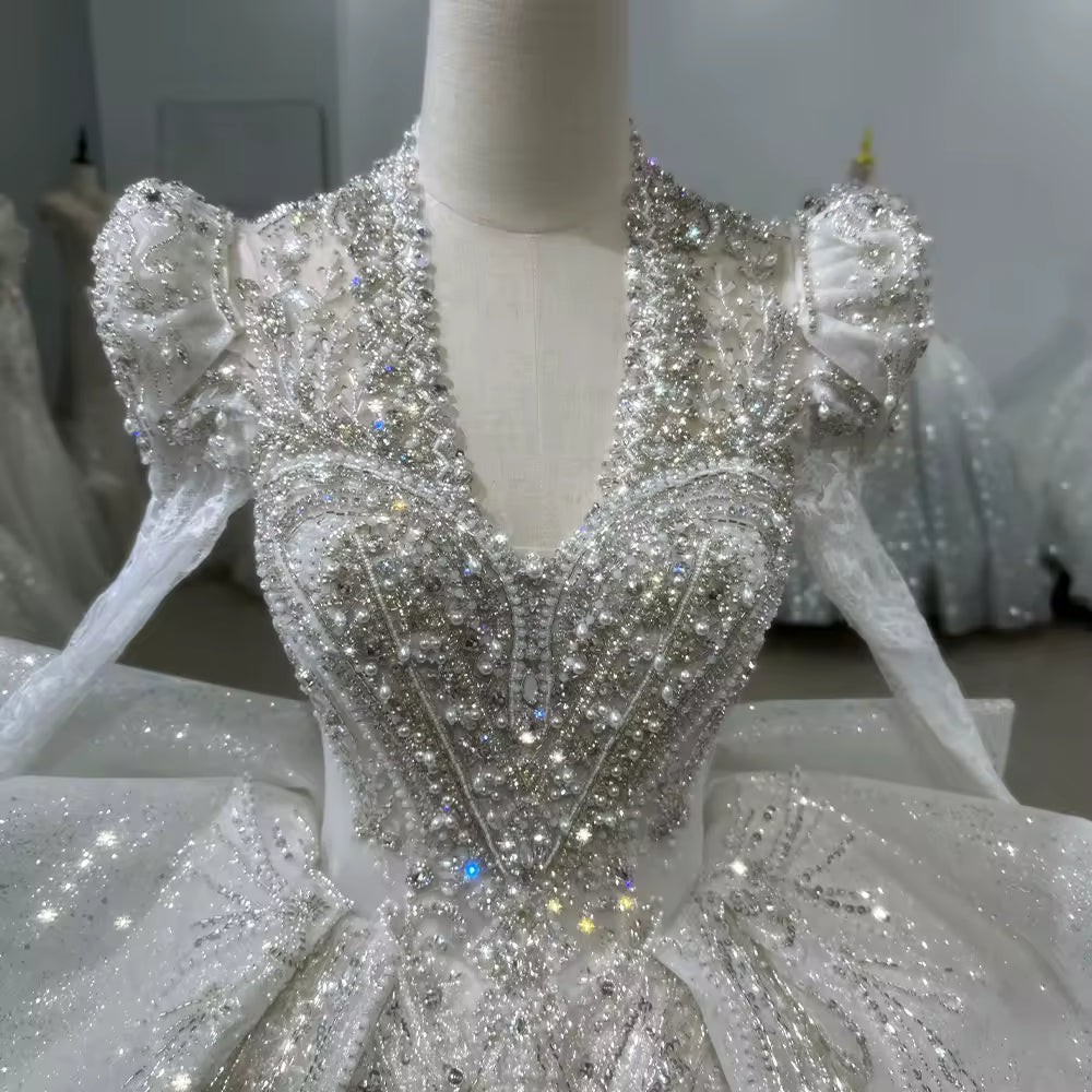 TW103 Vestido De Noiva Casamento Princesa Long Sleeve V-Neck Wedding Dress Lace Up Back Ball Gown Beading Crystal Bridal Dress