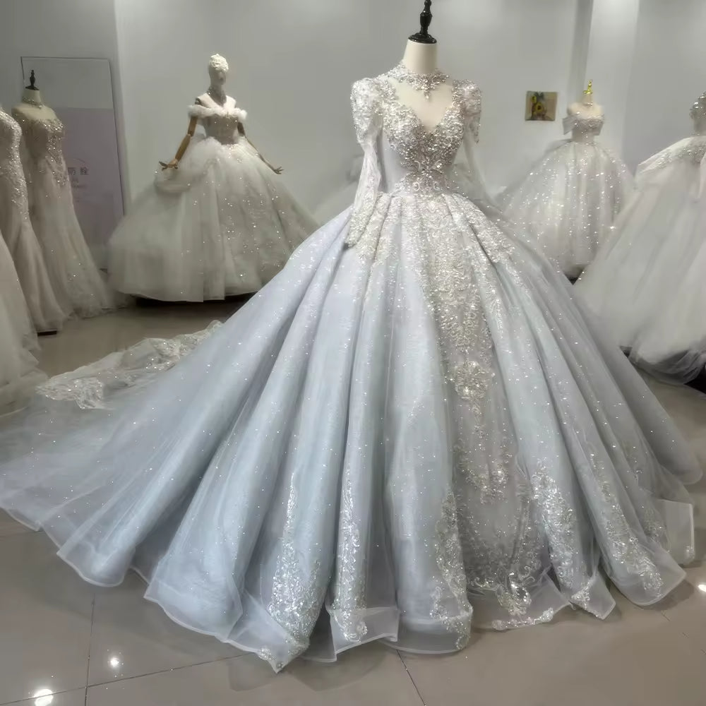 TW155 Blue Wedding Gowns For Brides Long Sleeve High Neck Keyhole Back Wedding Dress Beading Rhinestones Ball Gown Bridal Dress