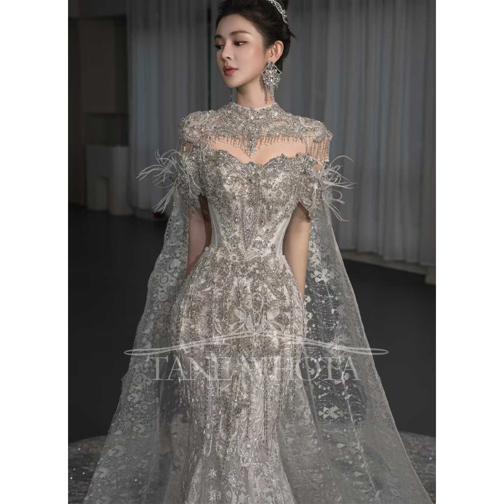 TW668 Customizable Halter Off-Shoulder Sequined Beaded Crystal Sheath Wedding Dress Luxury Bridal Gown