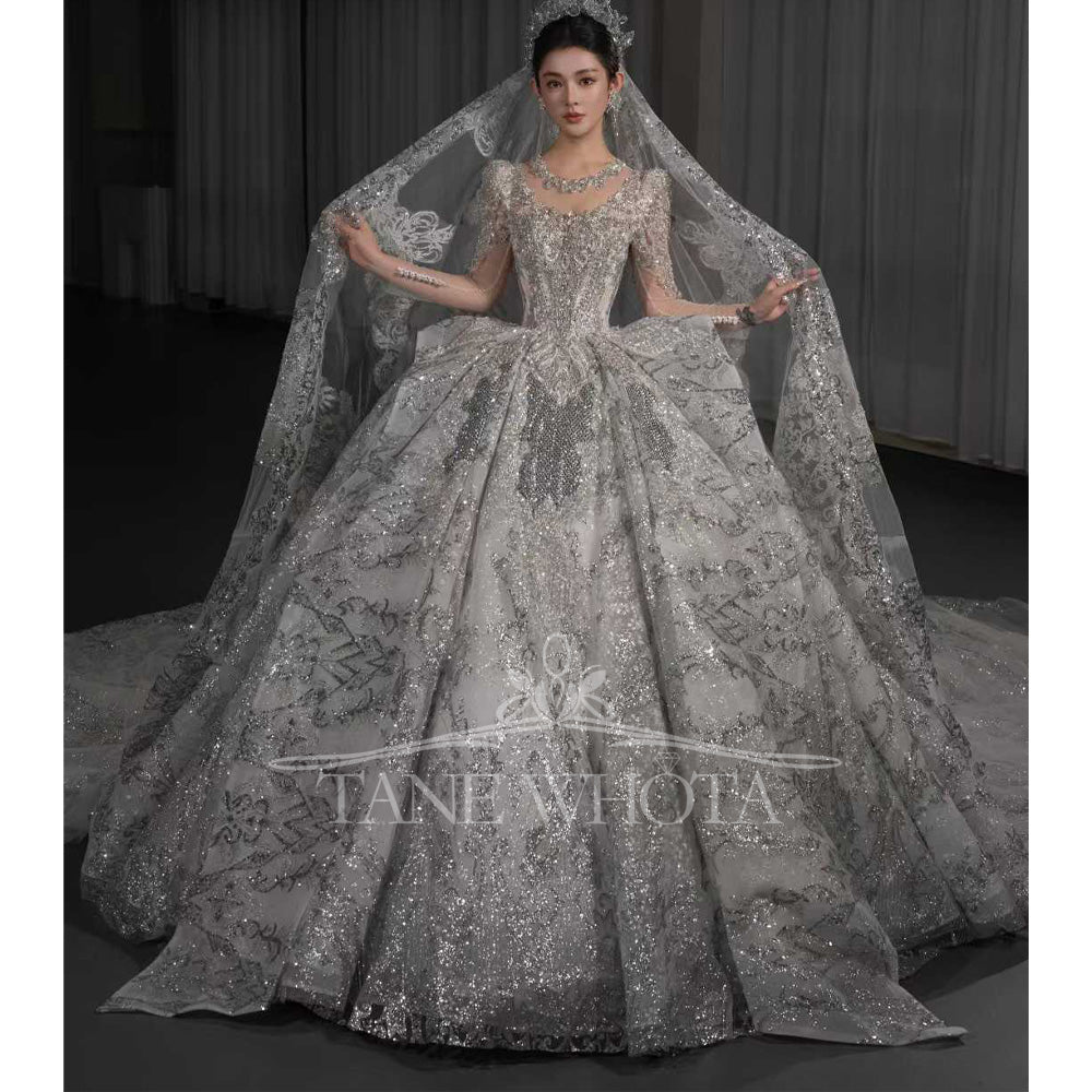 TW667 Sexy O-Neck Long Sleeve Wedding Dress Beaded Sequined Crystal Customized Robe De Mariée