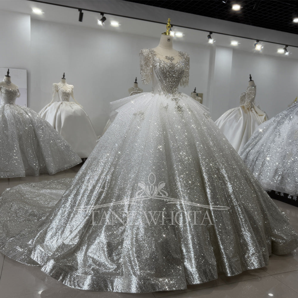 TW333 Bridal Wedding Dress O-Neck Half Sleeve Lace Up Back Ball Gown Weeding Dress Sequined Beading Crystal Luxury Bridal Dress