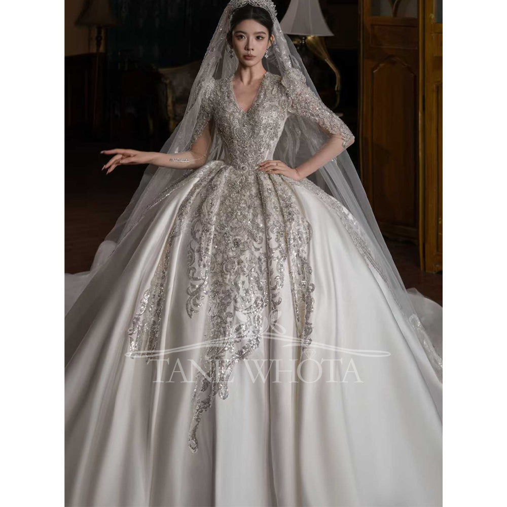 TW655 Luxury Brautkleider 2026 V-Neck Long Sleeve Beaded Sequined Ball Gown Wedding Dress Customized Ceremony Robe For Mariée