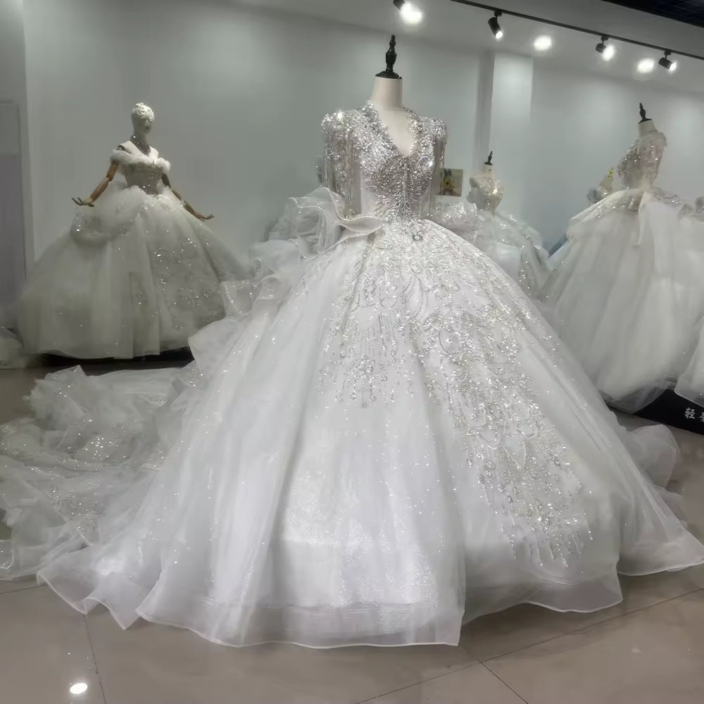 TW159 Vestidos De Noivas Tassel Short Sleeve Scalloped Wedding Dress Lace Up Keyhole Back Beading Embroidery Ball Gown Bridal Dress