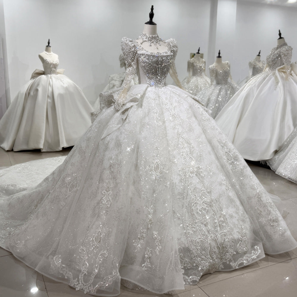 TW130 Robe De Mariée Femme Long Sleeve Wedding Dress Lace Up Back Ball Gown Embroidery Sequined Beading Crystal Bridal Dress