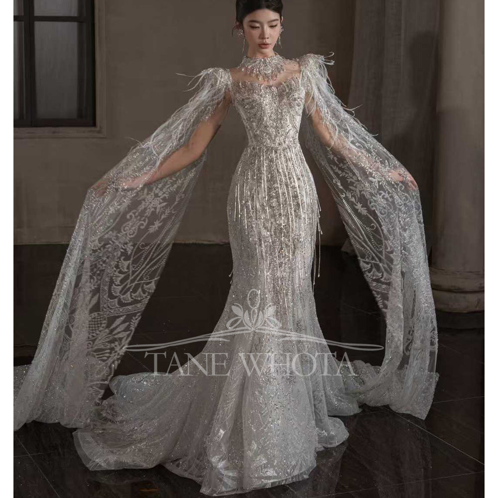 TW661 Sexy O-Neck Cap Sleeve Wedding Dress Lace-Up Keyhole Back Sequined Tassel Feathers Customized Sheath Gown For Women