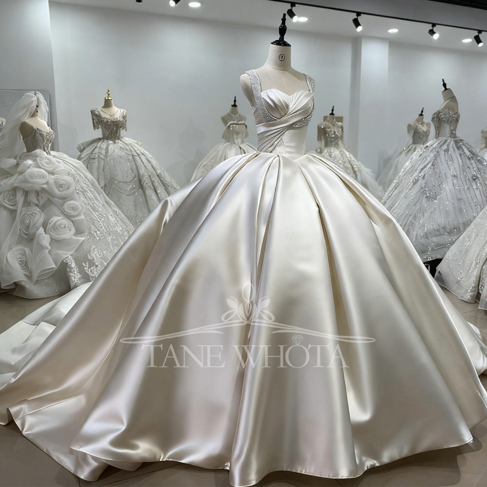 TW626 Suknia Slubna Spaghetti Straps Sleeveless Beaded Ruched Lace-Up Back Customized Ball Gown Wedding Dress