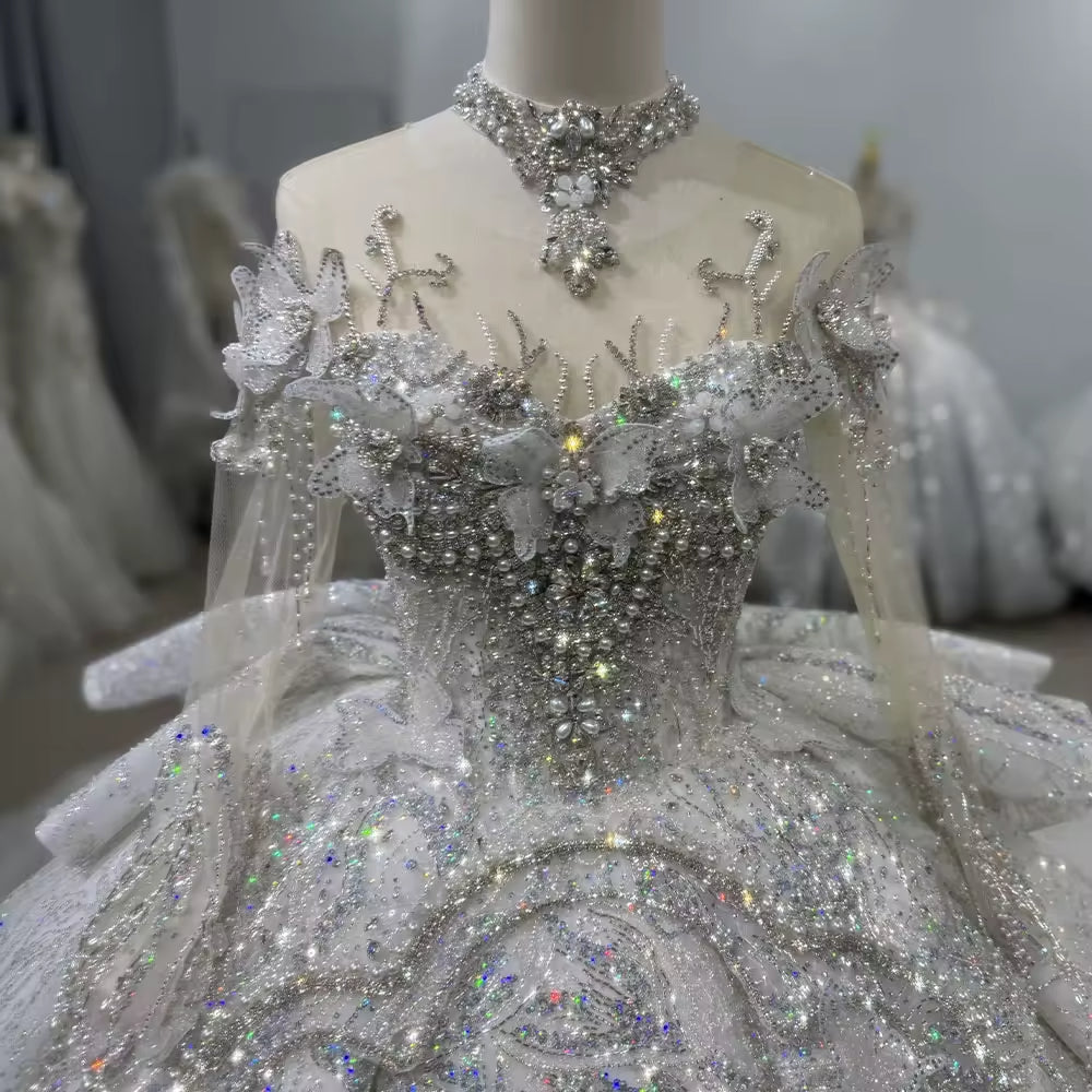 TW102 Robes De Mariage 2025 Long Sleeve O Neck Wedding Dress Lace Up Keyhole Back Ball Gown Beading Crystal Bridal Dress
