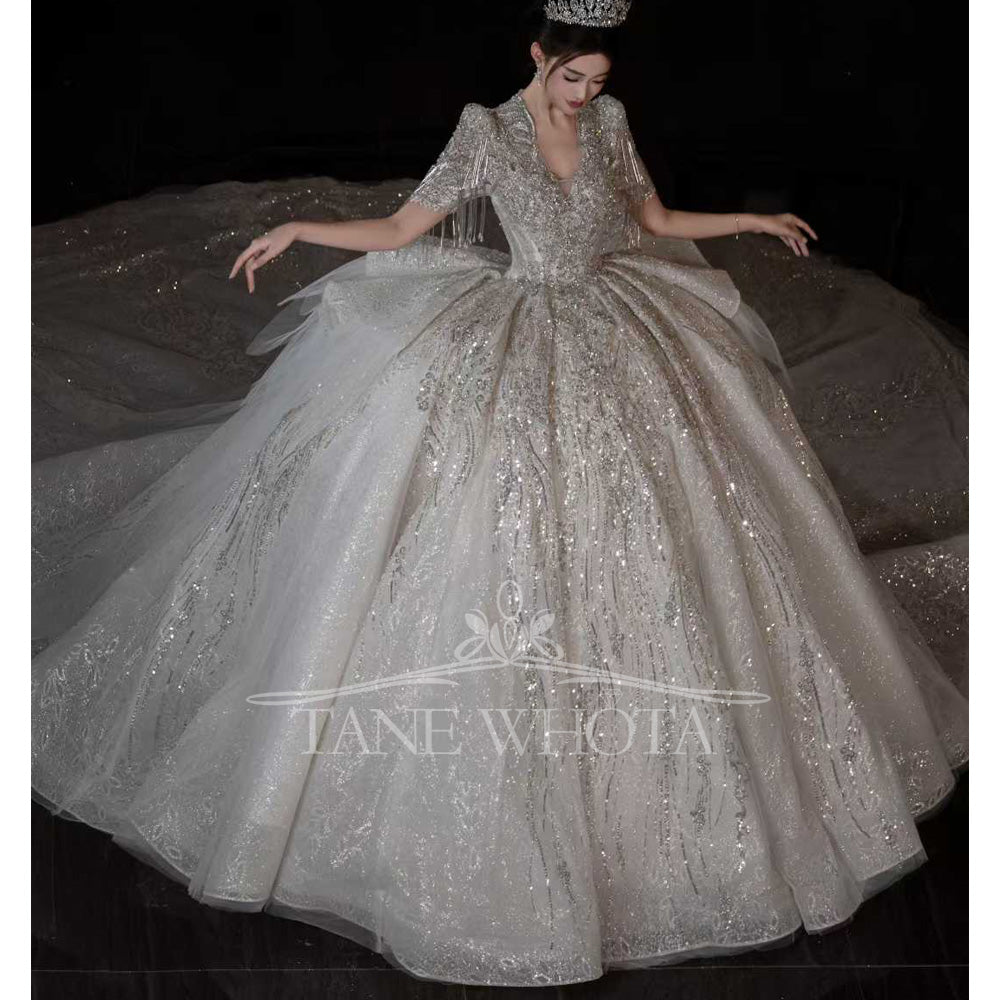 TW674 Sexy Scalloped Short Sleeve Beaded Sequined Ball Gown Wedding Dress Civil Ceremony Robe Customized Mariée