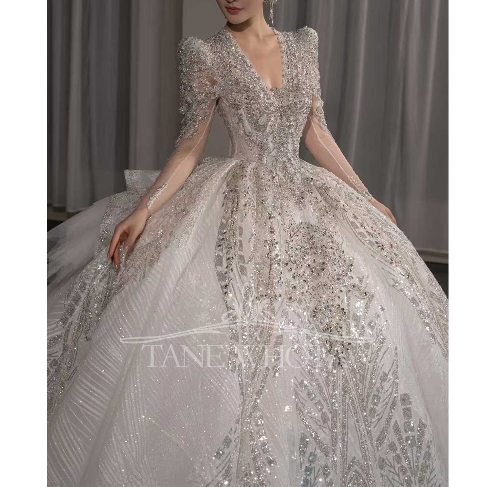 TW666 V-Neck Long Sleeve Wedding Dress Lace Up Keyhole Back Beaded Sequined Ball Gown Customized Elegant Vestidos De Boda