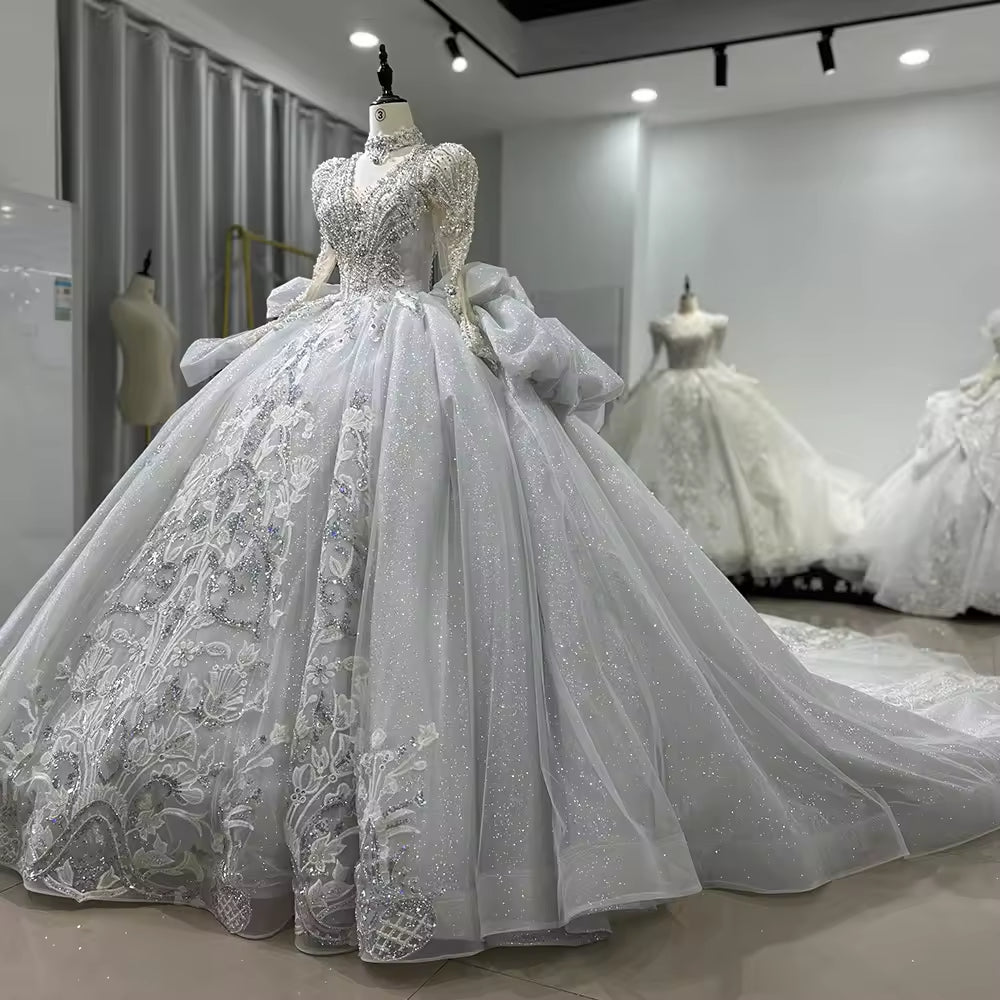 TW174 Vestido De Noiva Casamento Cívil V-Neck Long Sleeve Lace Up Keyhole Back Beading Embroidery Wedding Dress Ball Gown Bridal Dress