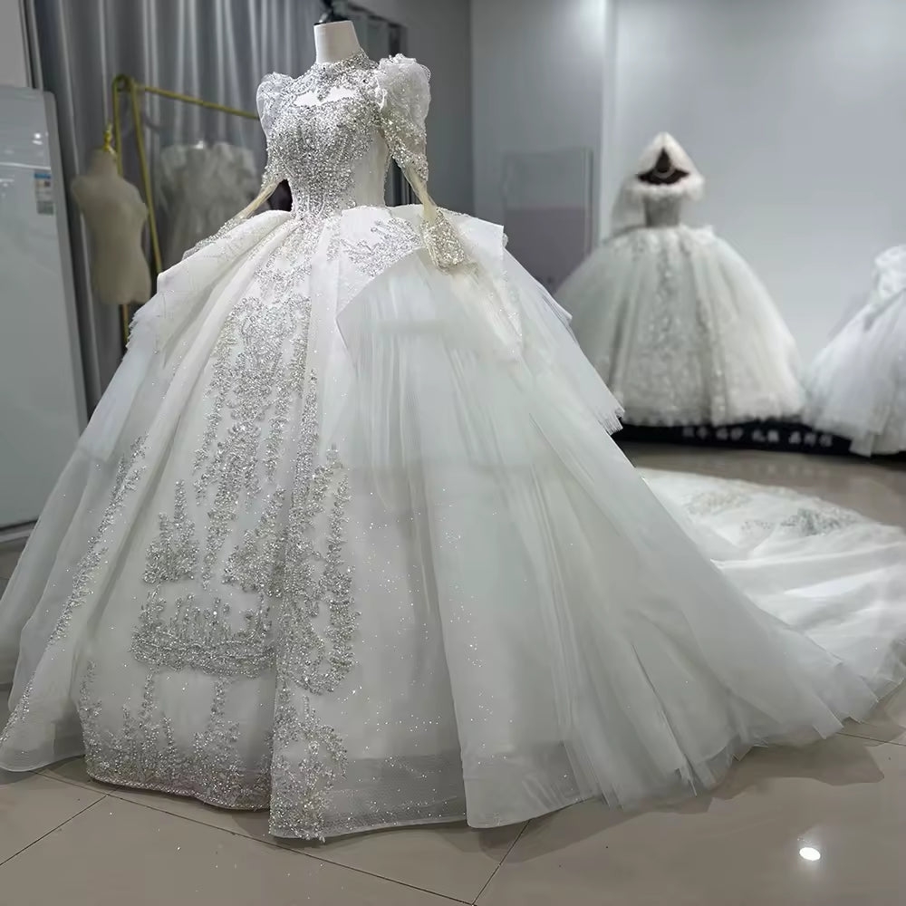 TW137 Vestido De Novia Princesa High Long Sleeve Wedding Dress Lace Up Keyhole Back Sequined Beads Ball Gown Bridal Dress